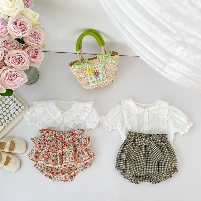 Baby Girl White Blouses With Floral & Plaid Pattern Skirts Sets by MyKids-USA™