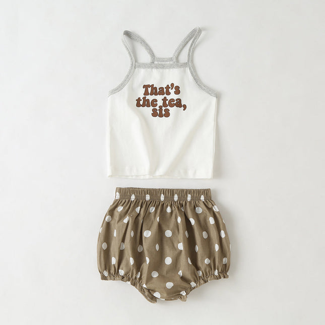 Baby Girl Slogan Pattern Sling Tops Combo Polka Dot Graphic Triangle Shorts 1 Pieces Sets by MyKids-USA™