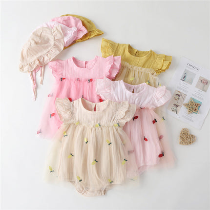 Baby Girl 1pcs Solid Color Pineapple Embroidered Mesh Overlay Flounce Sleeves Onesies Dress by MyKids-USA™