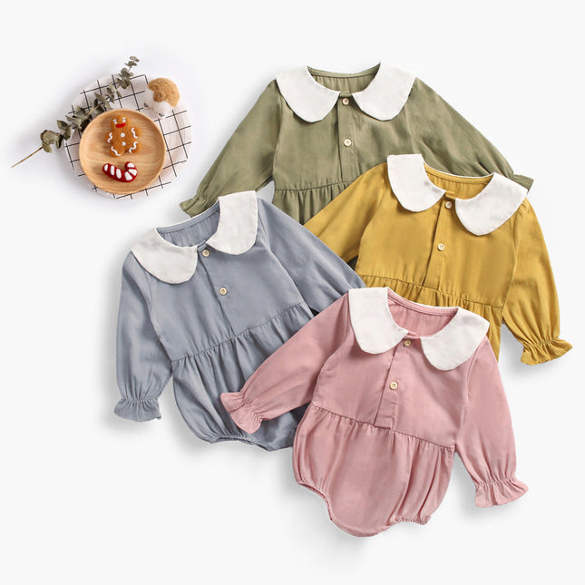 Baby Girl Doll Collar Design Solid Color Long Sleeve Onesies With Buttons by MyKids-USA™