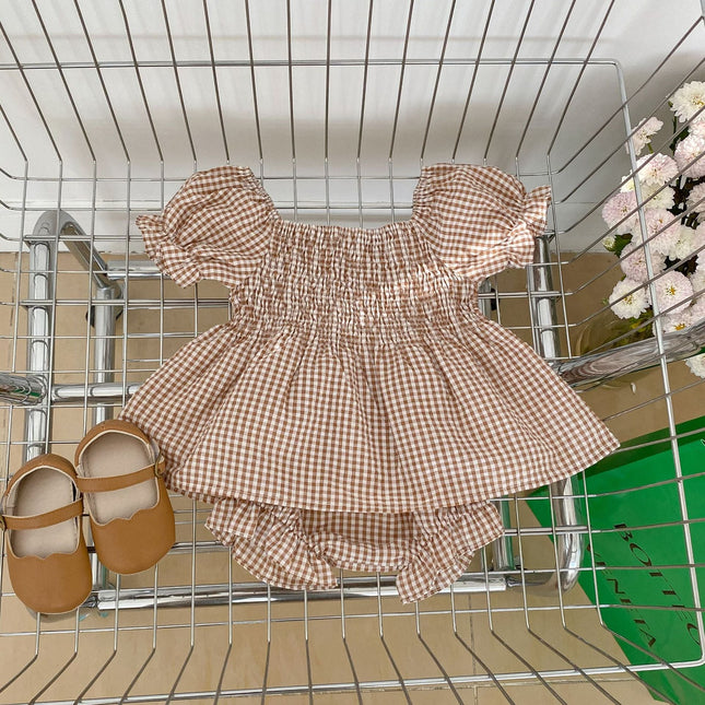 Baby Girl Plaid Pattern Square Neck Shirt Combo Ruffle Neck Sets by MyKids-USA™