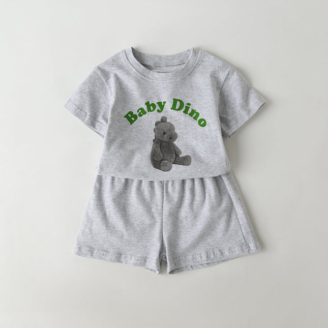 Baby Cartoon Animal & Slogan Pattern Short Sleeved Tee Combo Solid Shorts Sets by MyKids-USA™