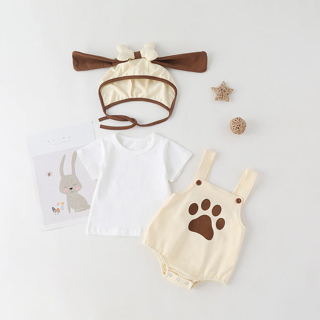 Baby Kids Puppy Print Pattern Short Sleeves With Straps Onesies In Set With Hat Of Puppy Shape by MyKids-USA™