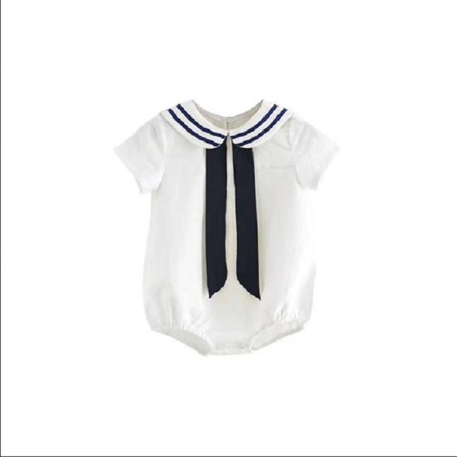 Baby Girl Solid Color Neck Striped Pattern Japan Style Navy Onesies With Bow Tie by MyKids-USA™
