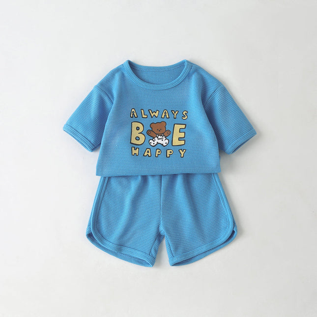 Baby Cartoon Bear & Slogan Pattern Waffle Fabric Tops Combo Solid Shorts 1-Piece Sets by MyKids-USA™