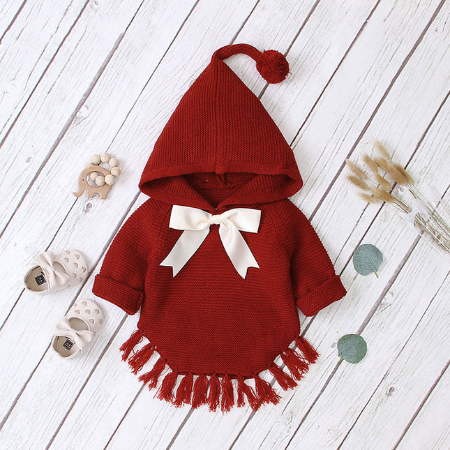 Baby Girl 1pcs Solid Color Big Bow Tie Patched Design Shawl Kniited Hoodies With Hat by MyKids-USA™