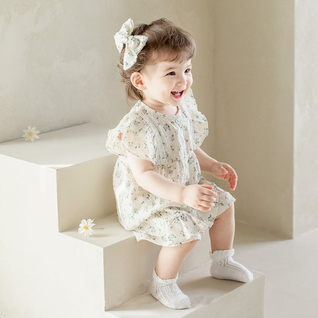 Baby Girl Flower Pattern Flying Sleeves Onesies & Clothing Sets With Headband by MyKids-USA™