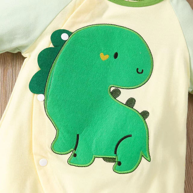 Baby Boy Cartoon Dinosaur Embroidered Pattern Contrast Design Side Button Rompers by MyKids-USA™