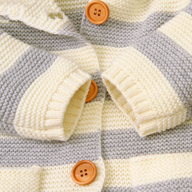 Baby Striped Pattern Button Front Knitted Cardigan With Cartton Hat by MyKids-USA™