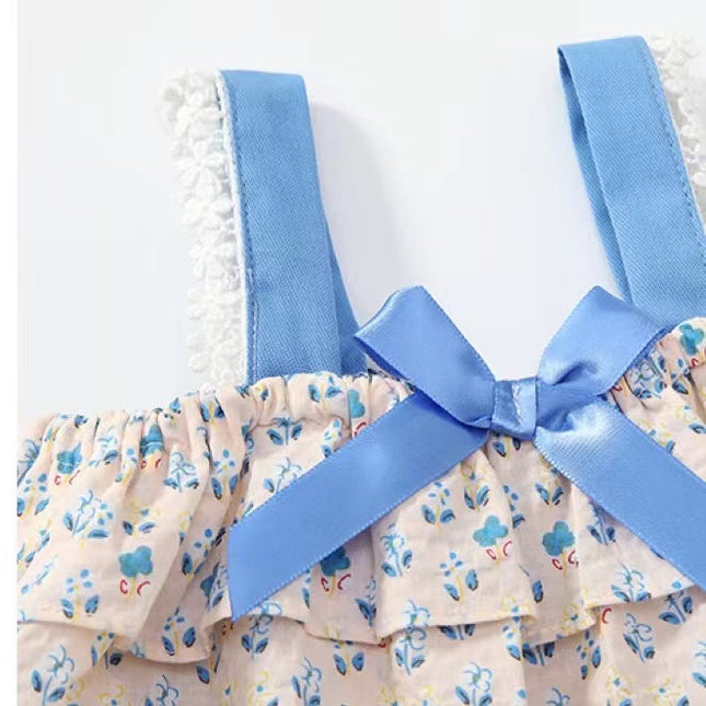 Baby Girl Floral Graphic Bow Tie Patched Design Lace Sling Tops Combo Solid Blue Shorts Sets by MyKids-USA™