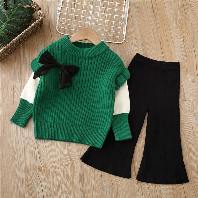 Baby Solid Color Bow Patched Sweater With Pants Sets by MyKids-USA™