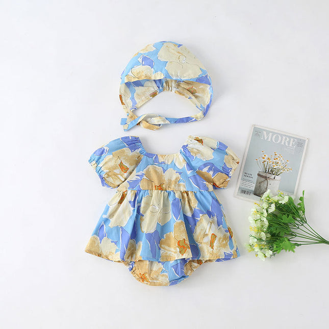 Baby Girls Floral Print Puff Sleeves Design Square Collar Onesies Dress In Summer With Hat by MyKids-USA™