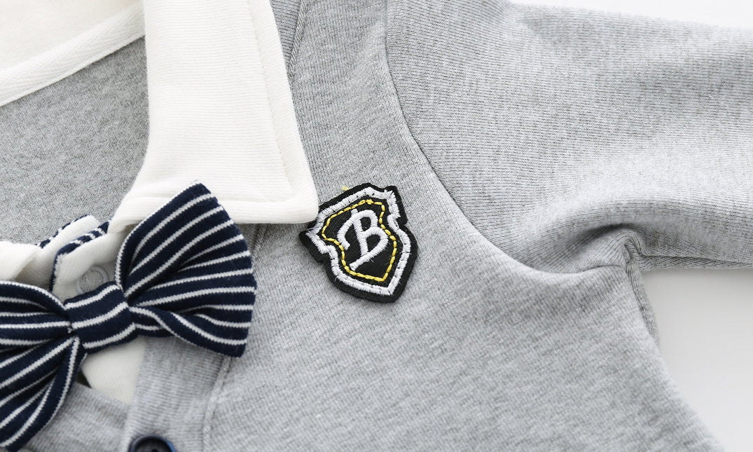 Baby Boy Badge Patched Pattern Striped Contrast Design Snap Button Front Bow Tie Rompers by MyKids-USA™