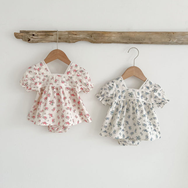 Baby Girl Floral Print Squared Collar Short Sleeved Dress Combo Short Pants In Sets by MyKids-USA™