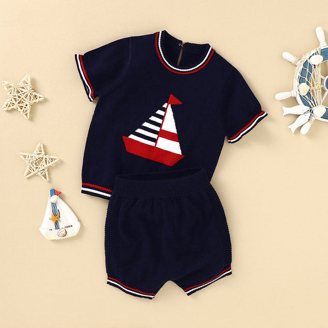 Baby Boy Embroidered Graphic Striped Neck & Sleeve Design Tee Combo Shorts Sailor Style Sets by MyKids-USA™