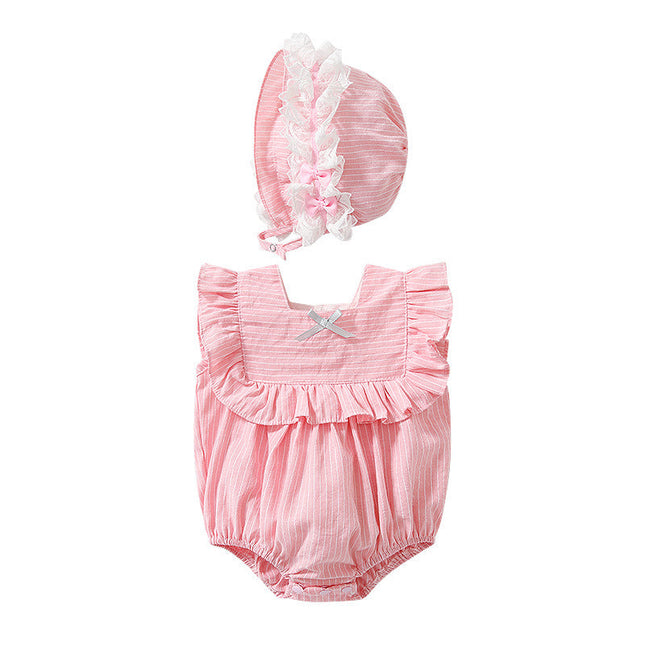 Baby Girl Striped Pattern Ruffle Design Square Collar Onesies With Hats by MyKids-USA™