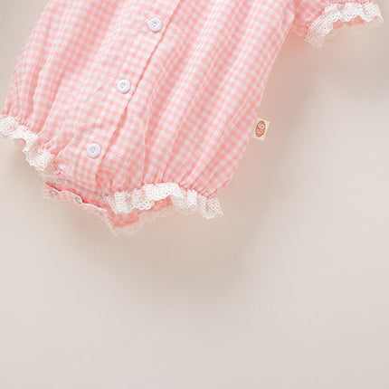 Baby Girl Plaid Pattern Lace Patchwork Design Bubble Short-Sleeved Onesies With Buttons by MyKids-USA™