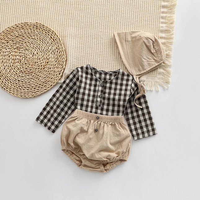 Baby Plaid Graphic Tops And Solid Shorts With Hat 1Pieces Sets by MyKids-USA™