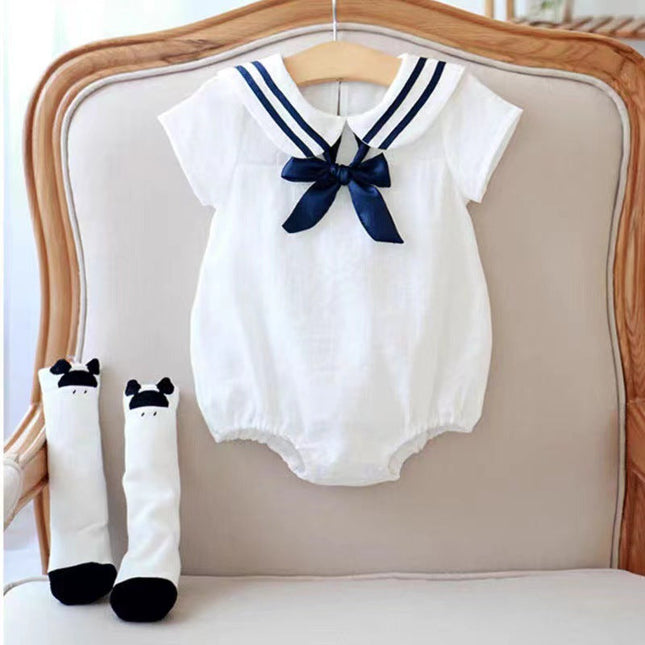 Baby Girl Solid Color Neck Striped Pattern Japan Style Navy Onesies With Bow Tie by MyKids-USA™