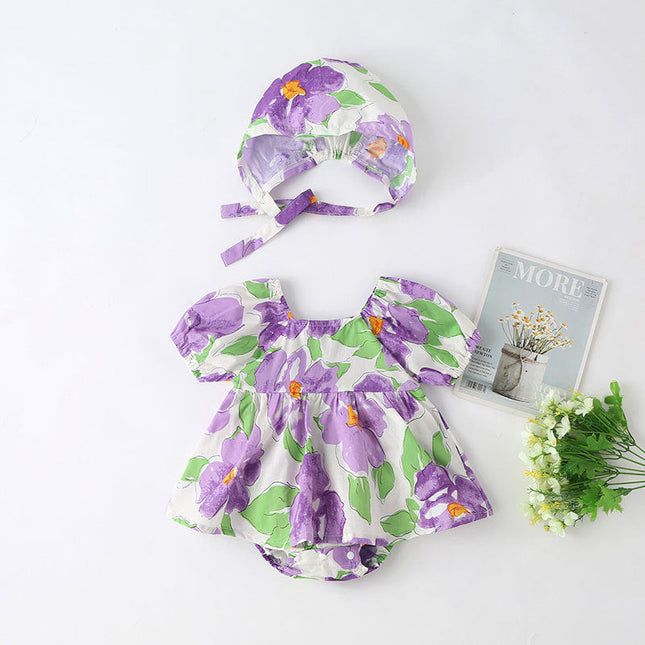 Baby Girls Floral Print Puff Sleeves Design Square Collar Onesies Dress In Summer With Hat by MyKids-USA™
