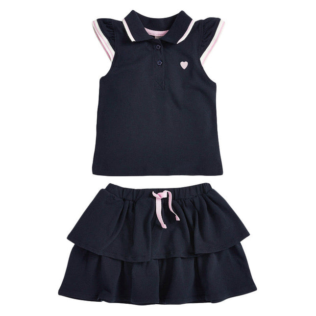 Baby Girl Heart Embroidered Pattern Polo-Neck Shirt And Layered Solid Short Skirt Sets by MyKids-USA™