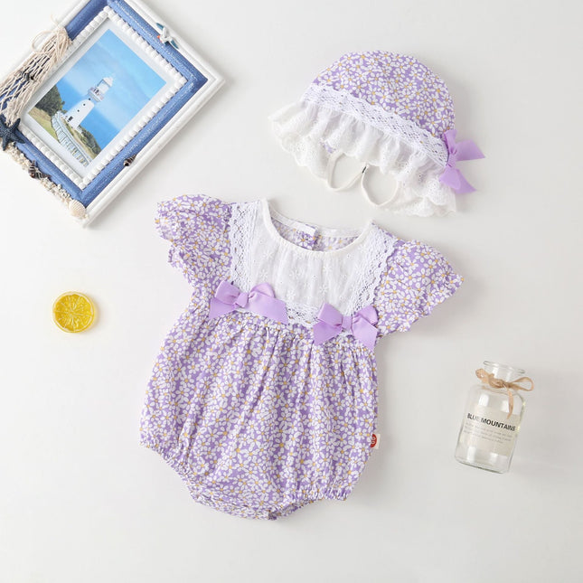Baby Girl Floral Pattern Lace Patchwork Round Collar Short-Sleeved Colorful Cotton Onesies With Hat by MyKids-USA™