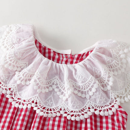Baby Girl Red Plaid Pattern Lace Patchwork Design Round Neck Sleeveless Onesies With Headband by MyKids-USA™