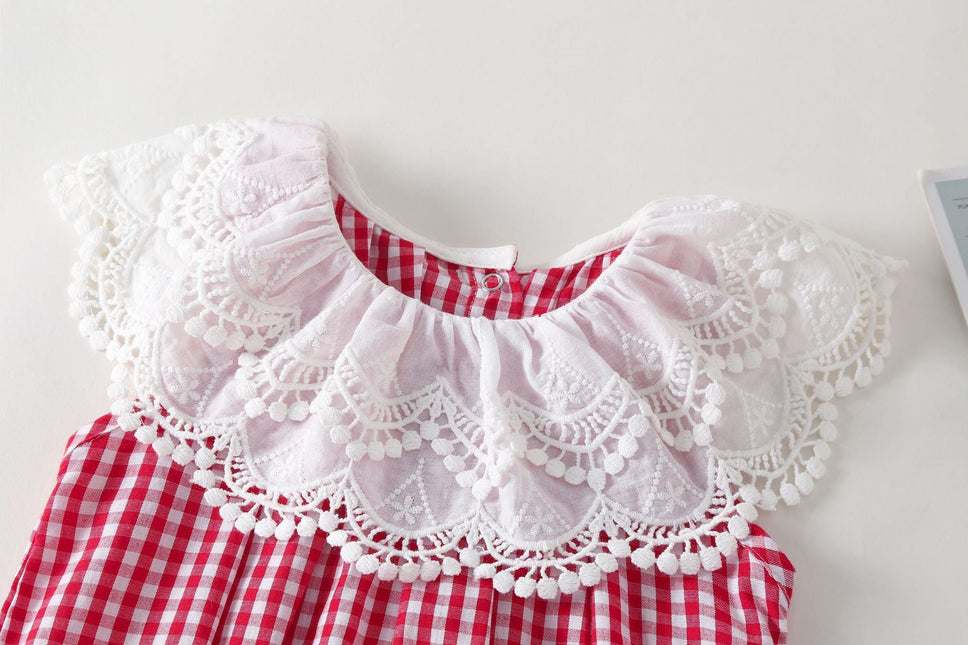Baby Girl Red Plaid Pattern Lace Patchwork Design Round Neck Sleeveless Onesies With Headband by MyKids-USA™