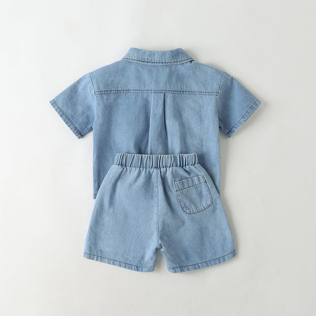 Baby Solid Color Butoon Front Denim Shirt Combo Shorts Sets In Summer by MyKids-USA™