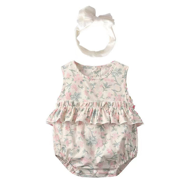 Baby Girl Floral Print Graphic Ruffle Design Sleeveless Onesies & Headband by MyKids-USA™