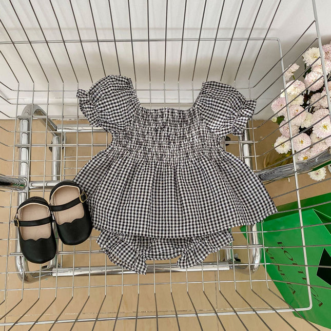 Baby Girl Plaid Pattern Square Neck Shirt Combo Ruffle Neck Sets by MyKids-USA™