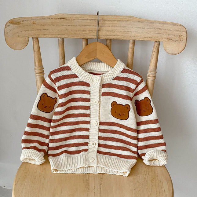 Baby Striped Pattern Cartoon Bear Patched Design Onesies With Cardigan by MyKids-USA™