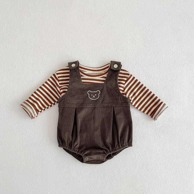 Baby Striped Shirt Combo Corduroy Fabric Cartoon Bear Embroidered Vest Bodysuit 2 Pieces Sets by MyKids-USA™