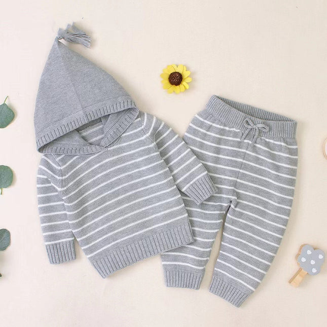 Baby 1pcs Striped Pattern Knitted Hoodie With Hat & Pants Warm Sets by MyKids-USA™
