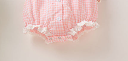 Baby Girl Plaid Pattern Lace Patchwork Design Bubble Short-Sleeved Onesies With Buttons by MyKids-USA™