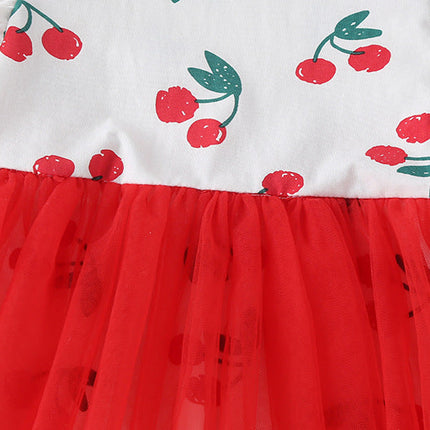 Baby Girl Cherry Print Pattern Mesh Patchwork Design Round-Collar Short-Sleeved Summer Dress Onesies by MyKids-USA™
