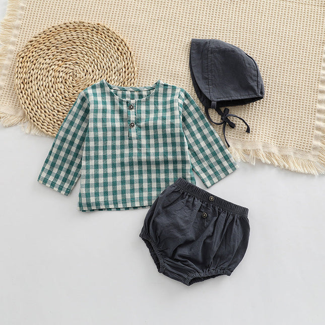 Baby Plaid Graphic Tops And Solid Shorts With Hat 1Pieces Sets by MyKids-USA™