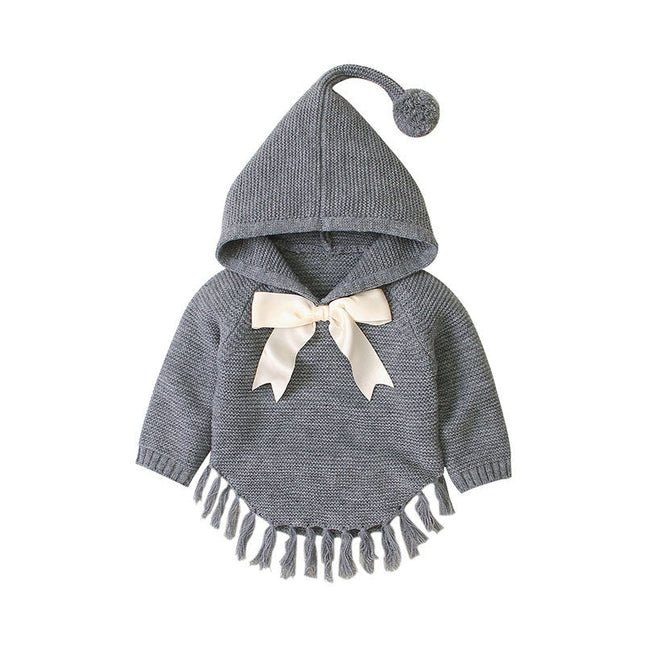 Baby Girl 1pcs Solid Color Big Bow Tie Patched Design Shawl Kniited Hoodies With Hat by MyKids-USA™