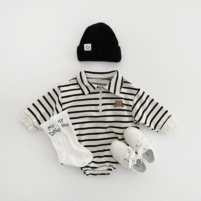 Baby Striped & Cartoon Patched Graphic Polo Neck Long Sleeves Bodysuit Onesies by MyKids-USA™