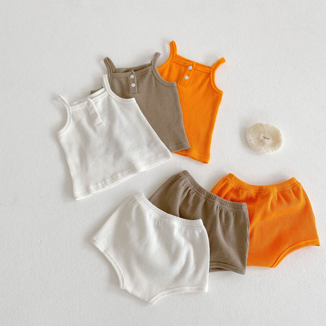 Baby Boy And Girl Solid Color Neck Buttoned Design Sling Top Combo Shorts Sets by MyKids-USA™