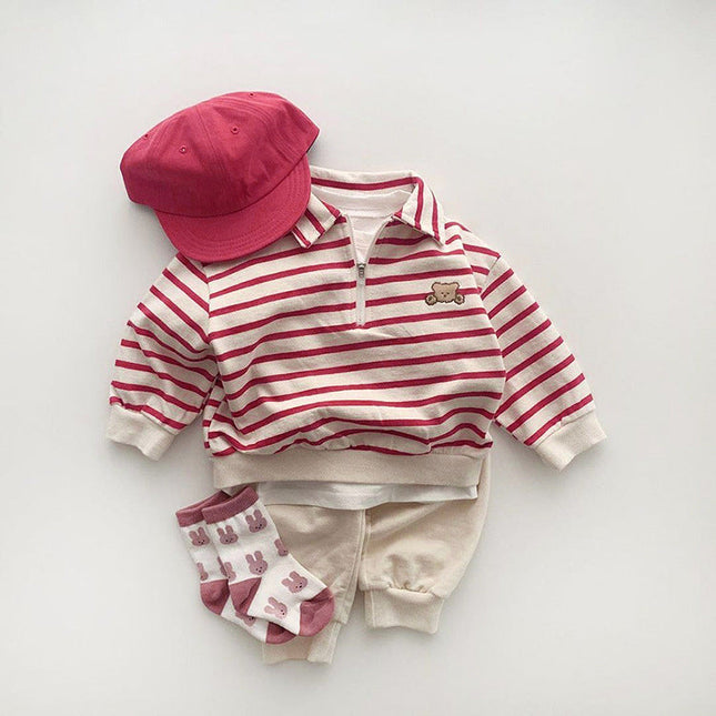 Baby Cute Bear Embroidered & Striped Pattern Polo Neck Cotton Hoodies by MyKids-USA™