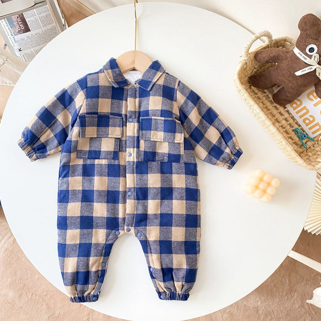 Baby Boy Plaid Pattern Snap Button Front Long-sleeved Thick Rompers by MyKids-USA™