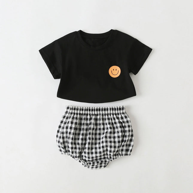 Baby Smiley Print Pattern Solid Tee Combo Plaid Pattern Triangle Shorts Sets by MyKids-USA™