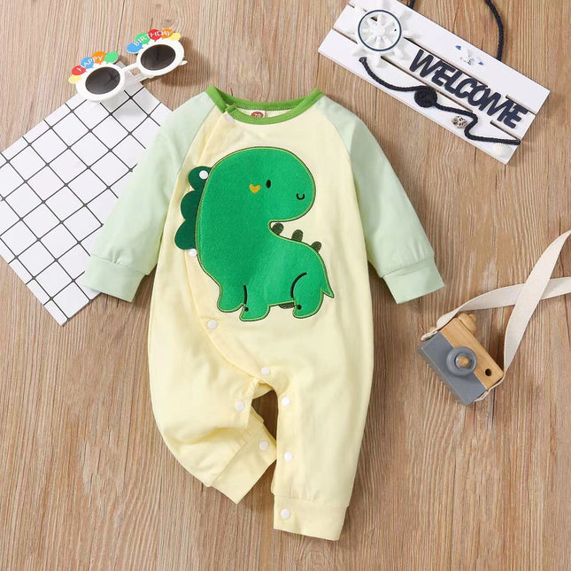 Baby Boy Cartoon Dinosaur Embroidered Pattern Contrast Design Side Button Rompers by MyKids-USA™