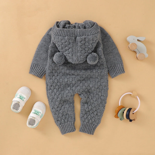 Baby 1pcs Cable Knitted Graphic Button Front Design Rompers With Hairball Patched Hat by MyKids-USA™