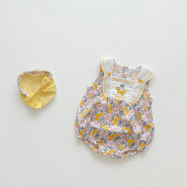 Baby Girl Floral Print Pattern With Headband Sleeveless Onesie by MyKids-USA™