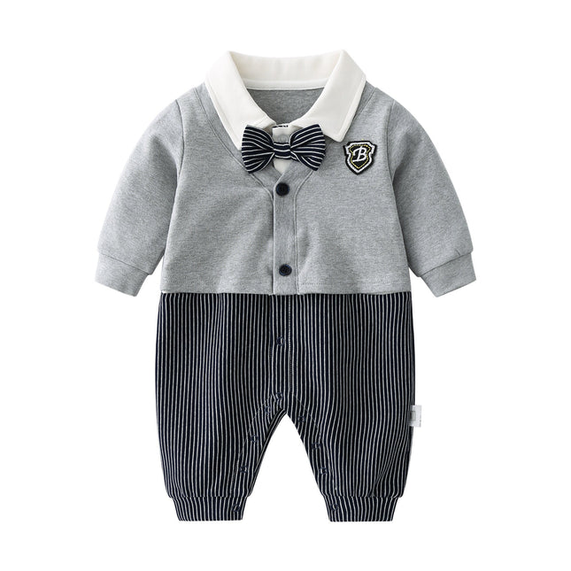 Baby Boy Badge Patched Pattern Striped Contrast Design Snap Button Front Bow Tie Rompers by MyKids-USA™