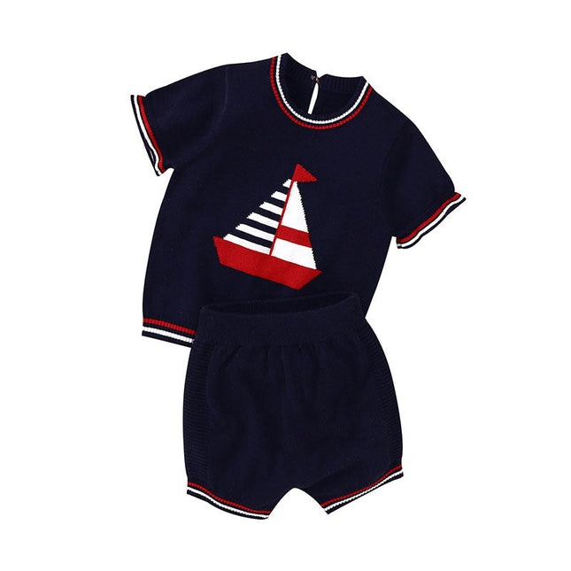 Baby Boy Embroidered Graphic Striped Neck & Sleeve Design Tee Combo Shorts Sailor Style Sets by MyKids-USA™