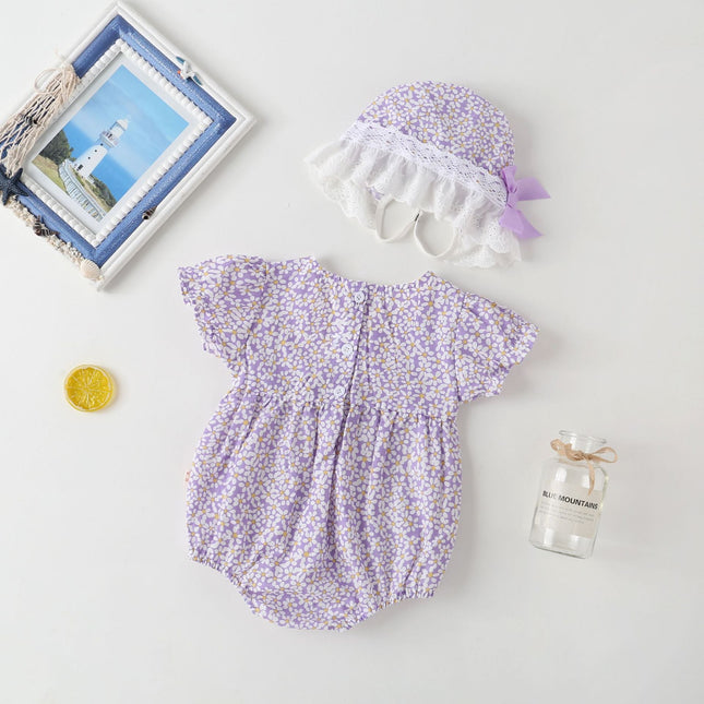Baby Girl Floral Pattern Lace Patchwork Round Collar Short-Sleeved Colorful Cotton Onesies With Hat by MyKids-USA™
