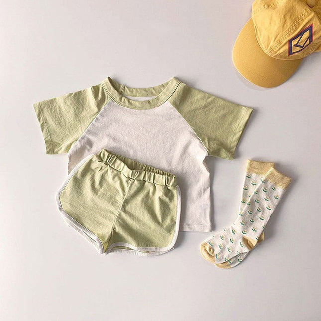 Baby Boys And Girls Color Patchwork Design Round Neck Short-Sleeved Top Combo Shorts Summer Cotton Sets by MyKids-USA™